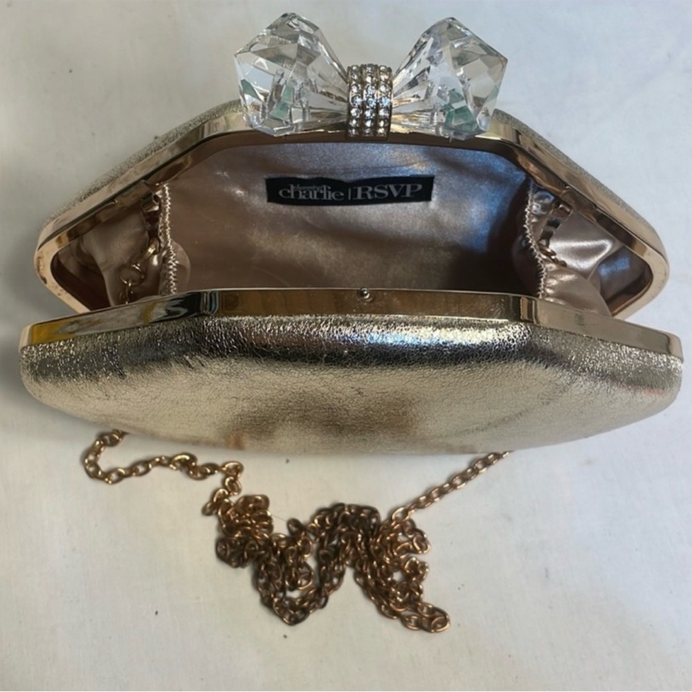 RSVP/Charming Charlie Metallic Gold Clutch with crossbody strap - Picture 7 of 13